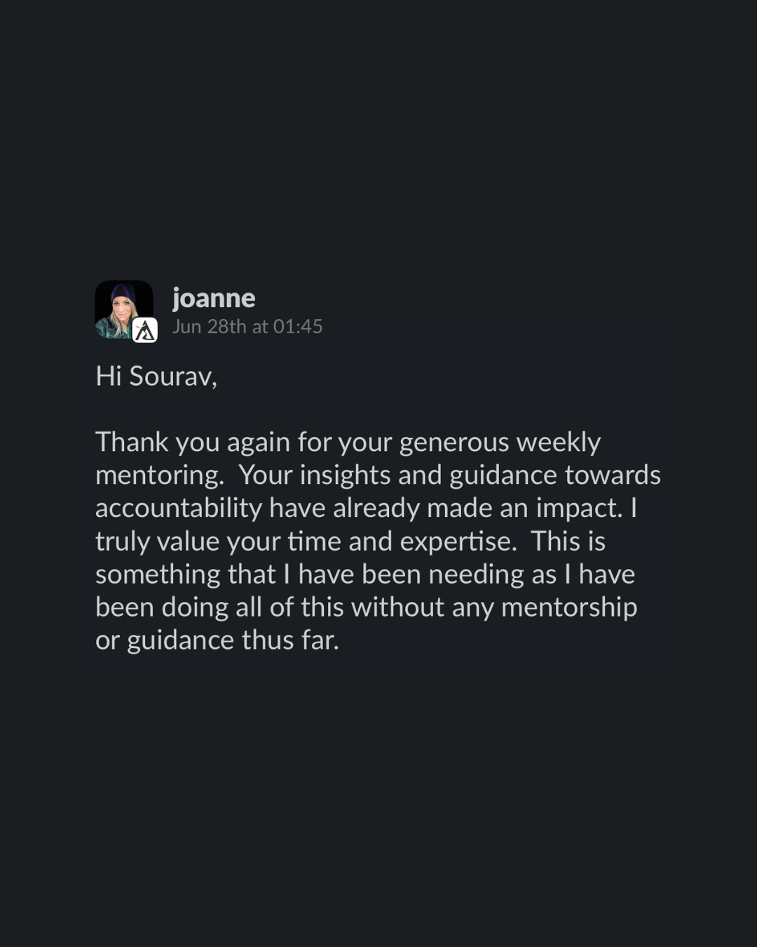 Joanne's Slack testimonial screenshot