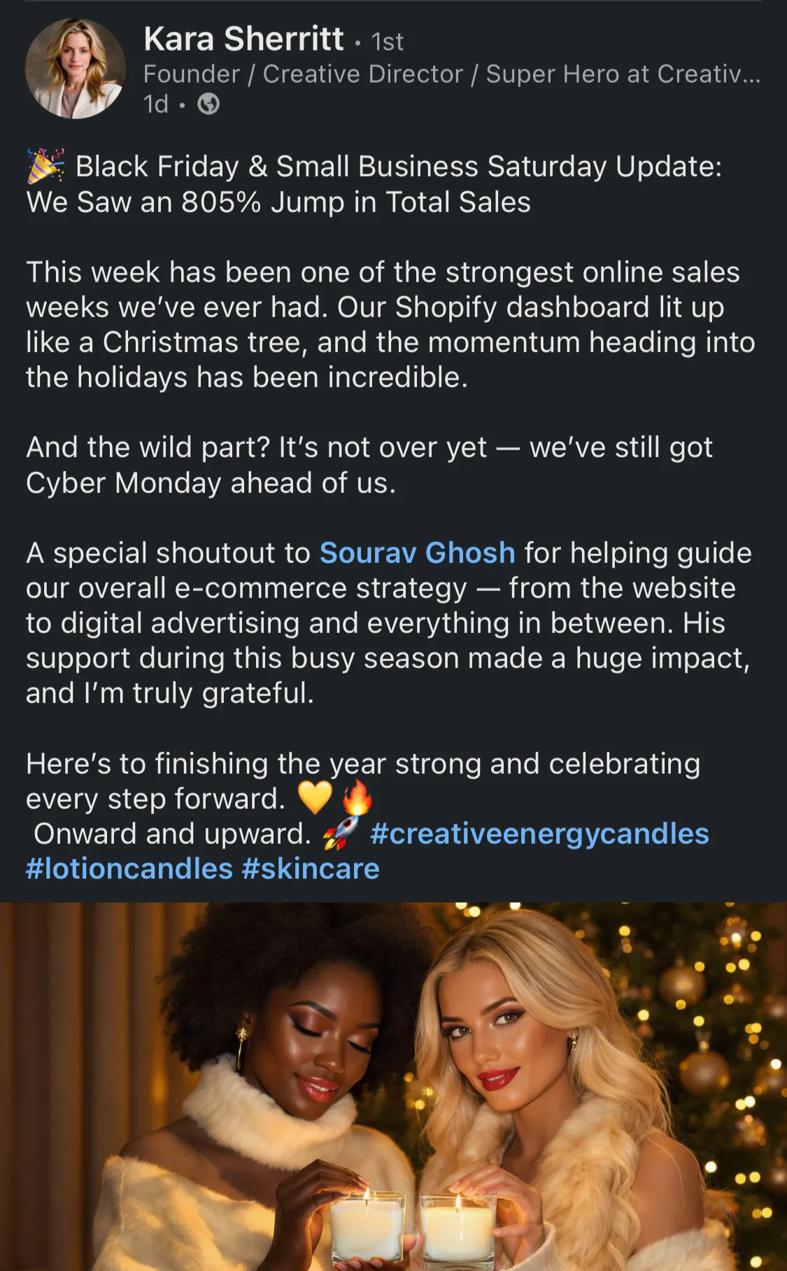 Kara's BFCM 2025 LinkedIn testimonial
